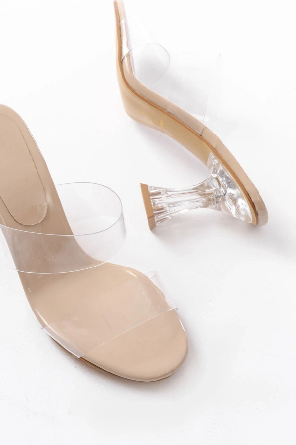 Bidebuvar S-618 Bej Rugan Çift Bantlı Topuklu Kadın Terlik