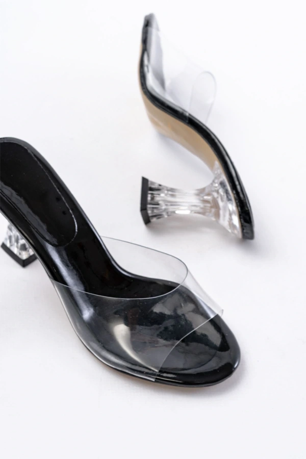 Bidebuvar S-619 Siyah Rugan Şeffaf Bantlı Şeffaf Topuklu Yuvarlak Burunlu Kadın Terlik