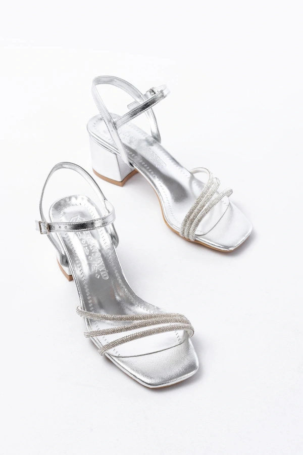 Bidebuvar S-889  Gümüş 3 Bantlı Topuklu Kadın Ayakkabı