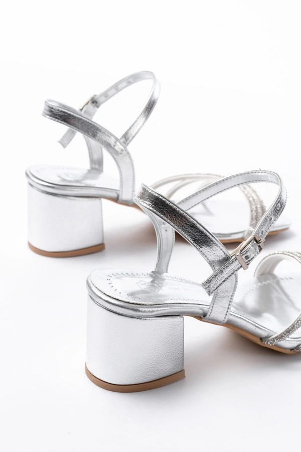 Bidebuvar S-889  Gümüş 3 Bantlı Topuklu Kadın Ayakkabı