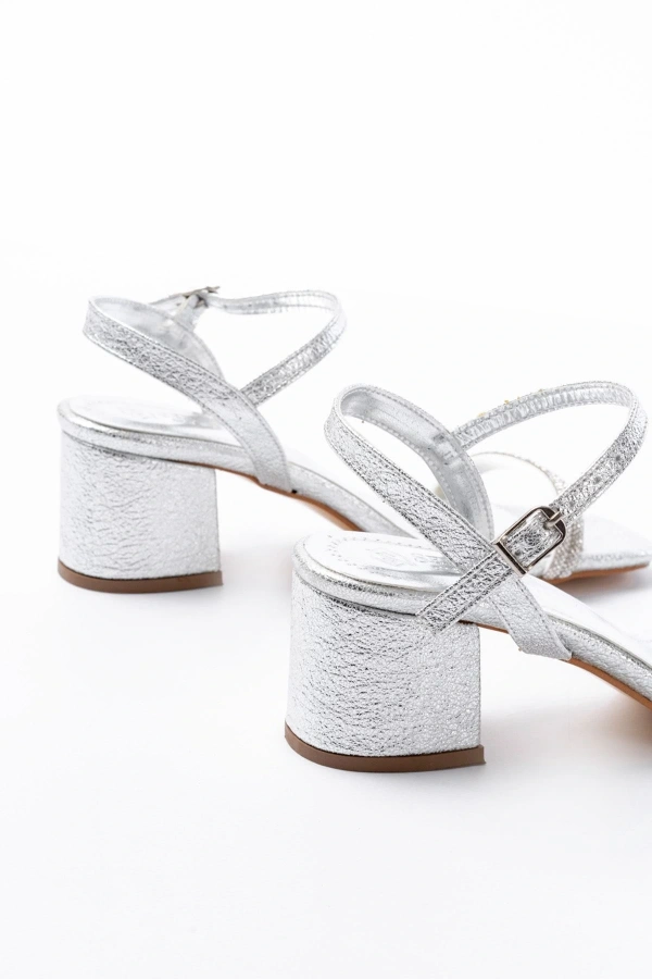 Bidebuvar S-890 Gümüş Çift Bantlı Taşlı Kalın Topuklu Kadın Ayakkabı