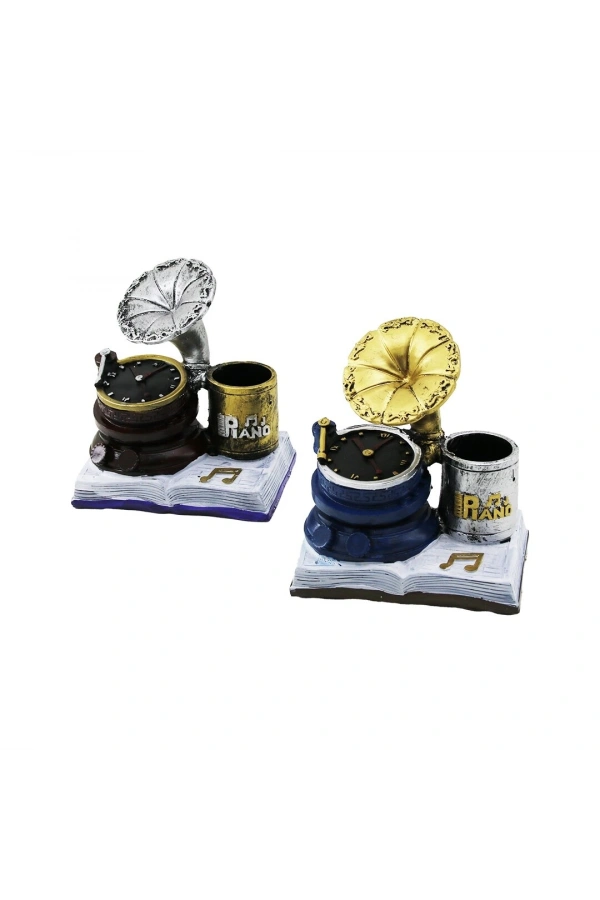 Bidebuvar Saatli Gramofon Tasarımlı Biblo Kalemlik - Dekoratif Model - Nostaljik Tasarım