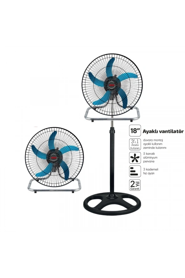 Bidebuvar Sanayi Tipi Ayaklı Vantilatör - 5 Metal Kanatlı - 18 İnç 46 cm