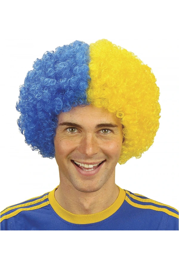 Bidebuvar Sarı Lacivert Kıvırcık Afro Bonus Taraftar Peruğu