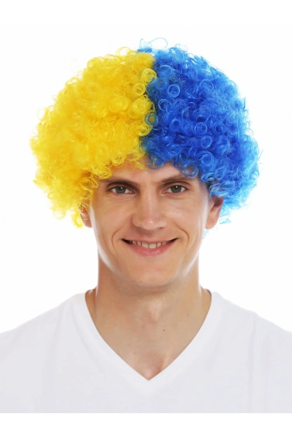 Bidebuvar Sarı Lacivert Kıvırcık Afro Bonus Taraftar Peruğu