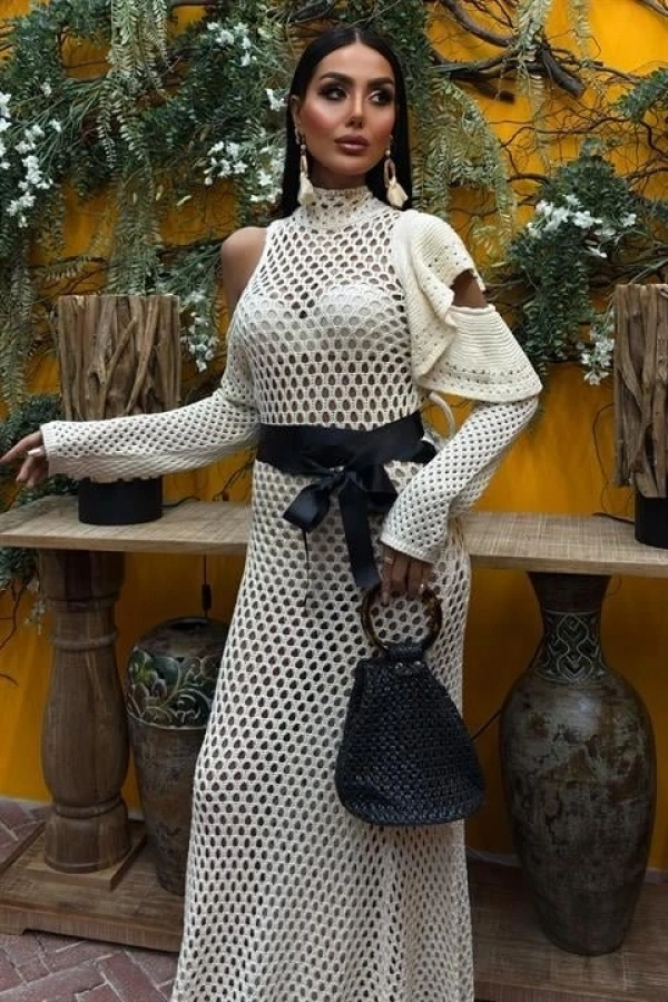 Bidebuvar Saten Kuşaklı Ajurlu Triko Elbise 2847