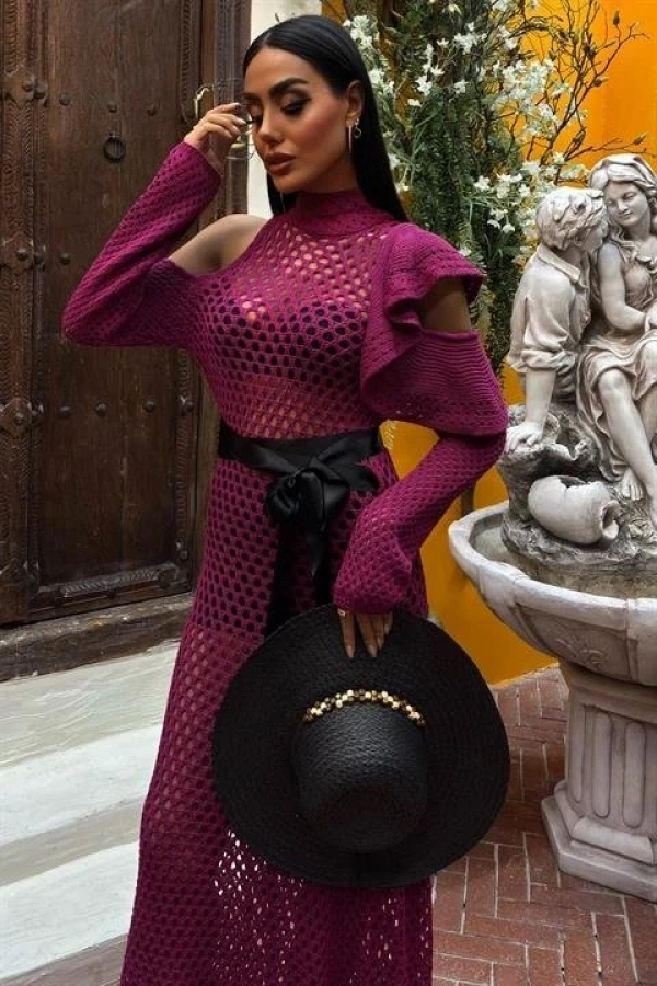 Bidebuvar Saten Kuşaklı Ajurlu Triko Elbise 2847