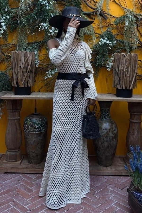 Bidebuvar Saten Kuşaklı Ajurlu Triko Elbise 2847