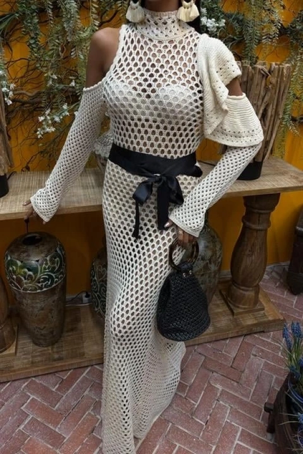 Bidebuvar Saten Kuşaklı Ajurlu Triko Elbise 2847