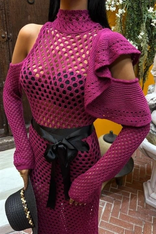 Bidebuvar Saten Kuşaklı Ajurlu Triko Elbise 2847