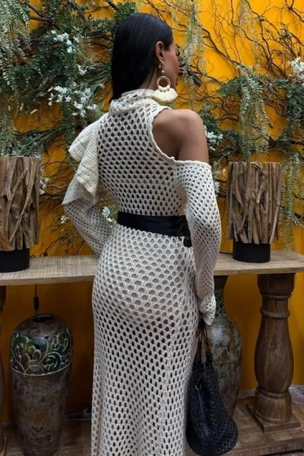 Bidebuvar Saten Kuşaklı Ajurlu Triko Elbise 2847