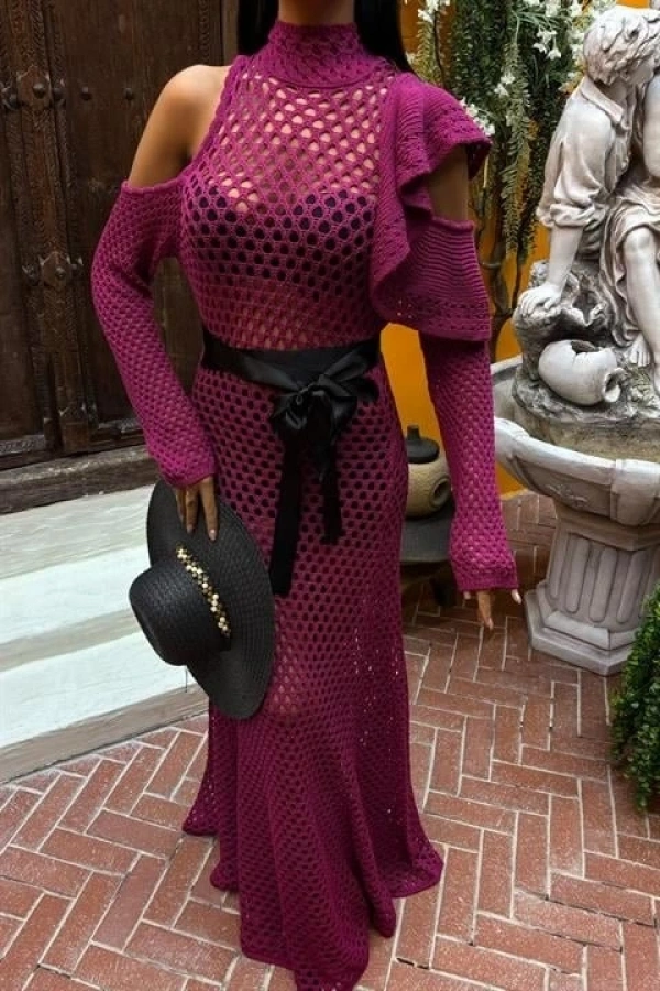 Bidebuvar Saten Kuşaklı Ajurlu Triko Elbise 2847