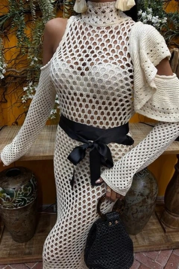 Bidebuvar Saten Kuşaklı Ajurlu Triko Elbise 2847