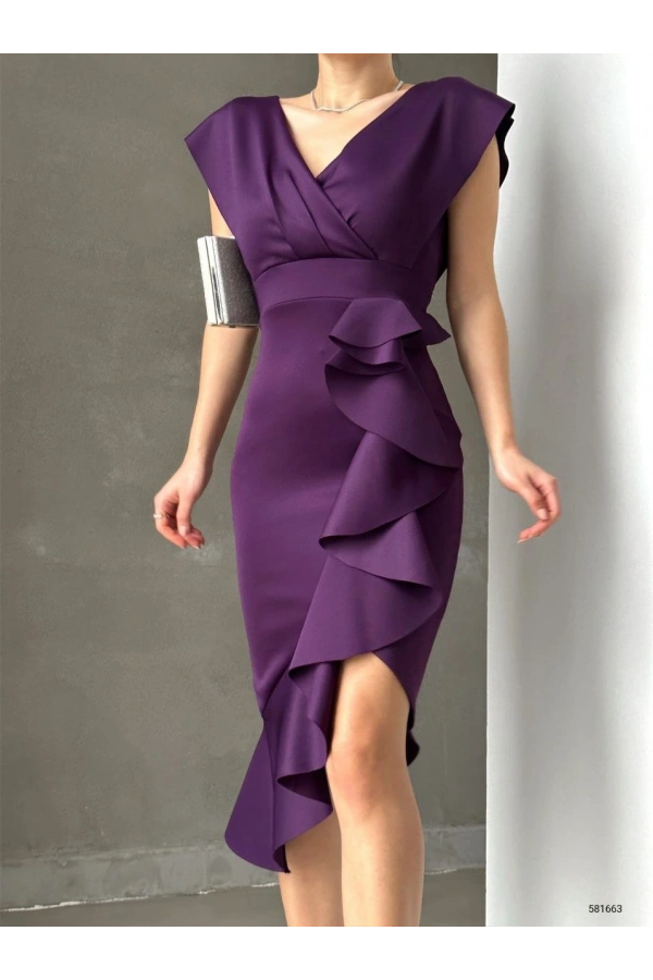 Bidebuvar Scuba Kumaş Önü Fırfırlı Midi Boy Elbise