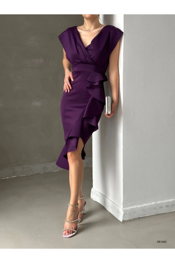 Bidebuvar Scuba Kumaş Önü Fırfırlı Midi Boy Elbise