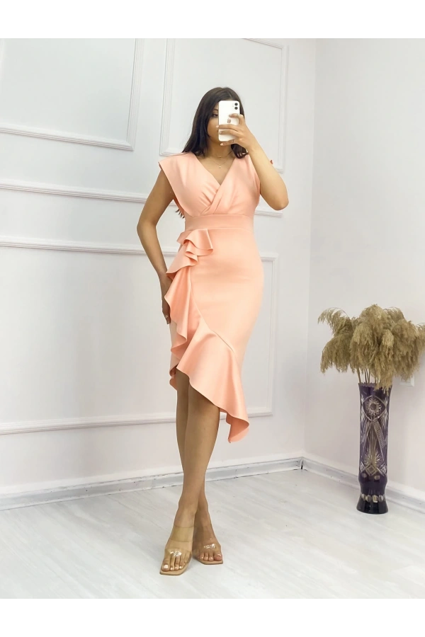 Bidebuvar Scuba Kumaş Önü Fırfırlı Midi Boy Elbise