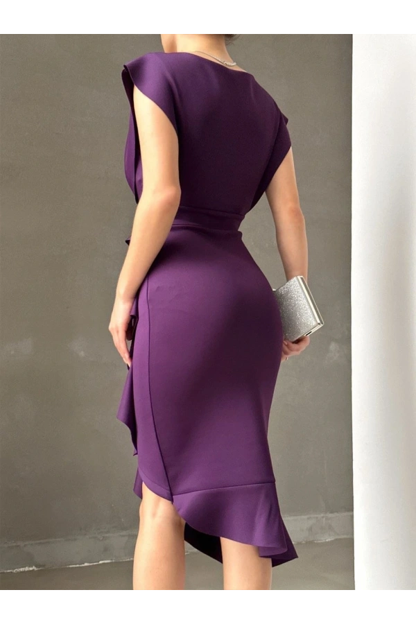 Bidebuvar Scuba Kumaş Önü Fırfırlı Midi Boy Elbise