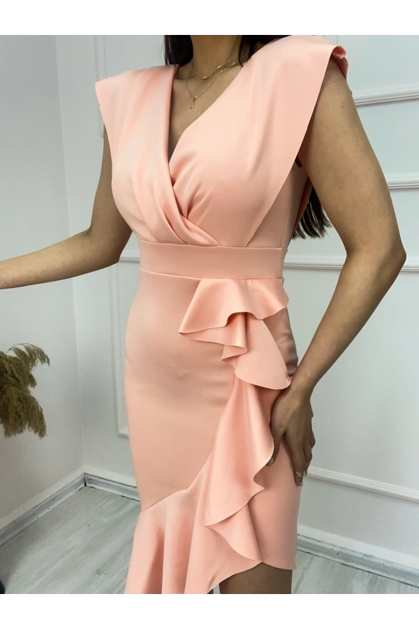 Bidebuvar Scuba Kumaş Önü Fırfırlı Midi Boy Elbise