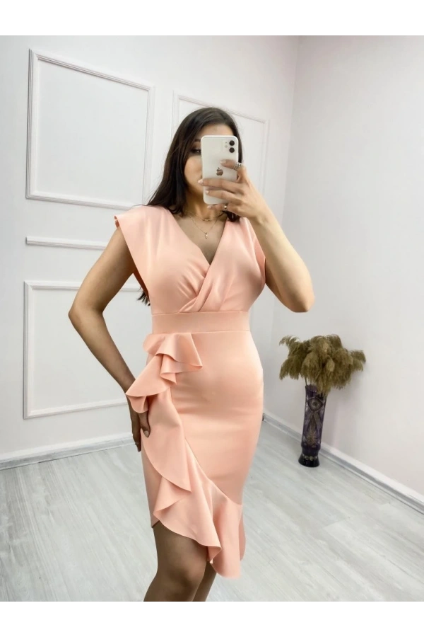 Bidebuvar Scuba Kumaş Önü Fırfırlı Midi Boy Elbise