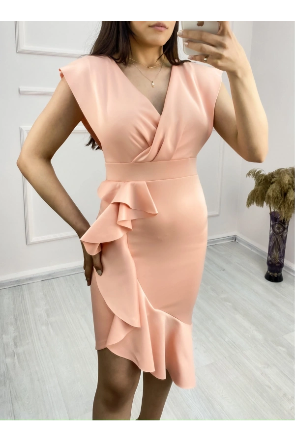 Bidebuvar Scuba Kumaş Önü Fırfırlı Midi Boy Elbise
