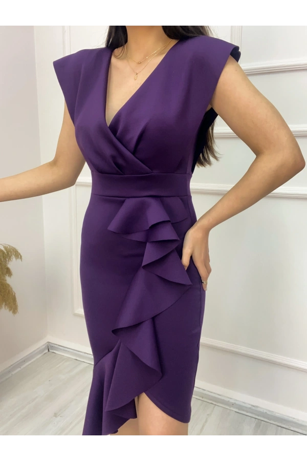 Bidebuvar Scuba Kumaş Önü Fırfırlı Midi Boy Elbise