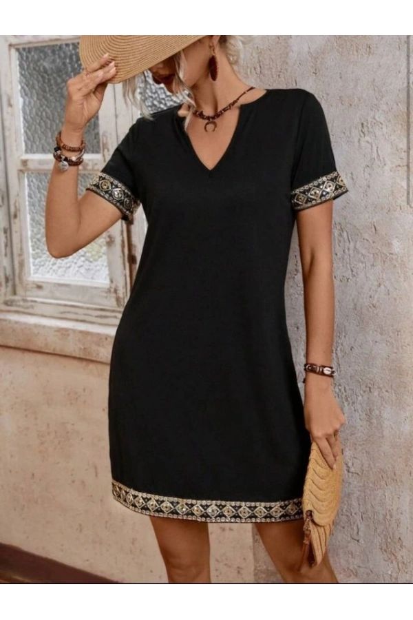 Bidebuvar Şerit Detay V Yaka Yandan Cepli Viskon Elbise