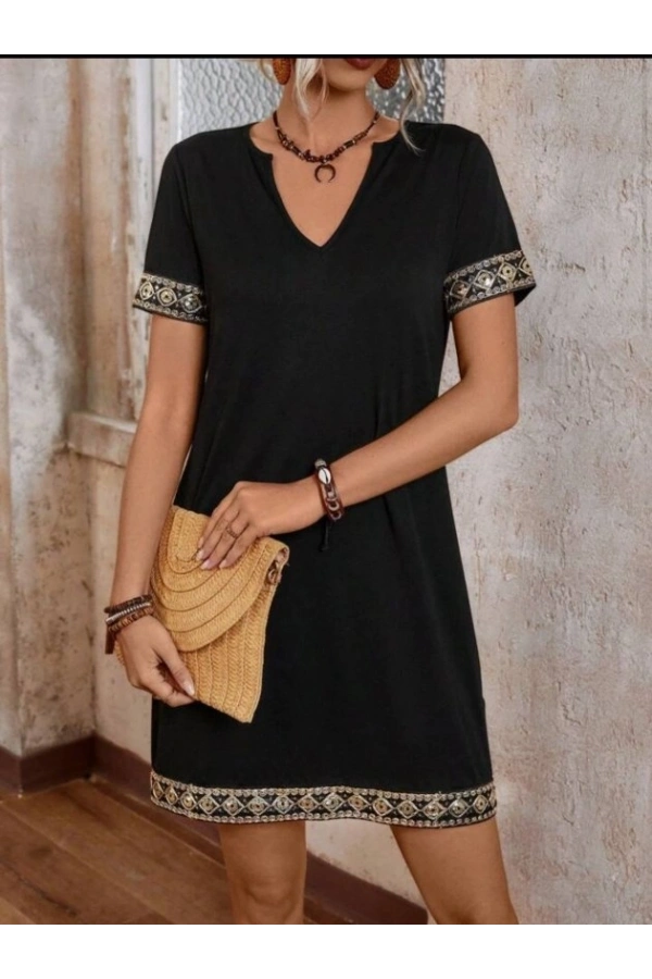 Bidebuvar Şerit Detay V Yaka Yandan Cepli Viskon Elbise