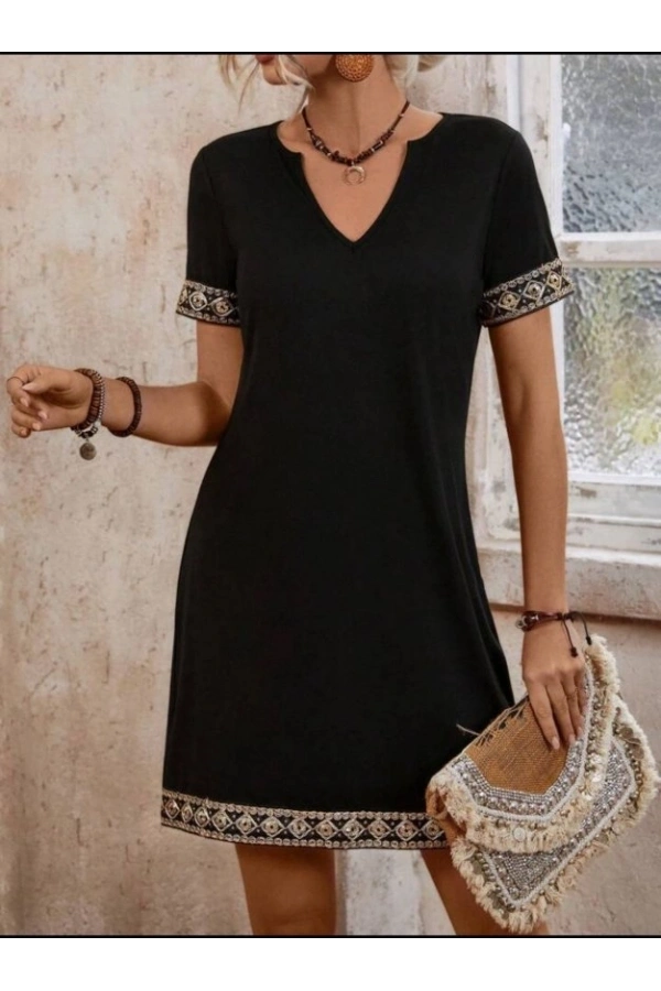 Bidebuvar Şerit Detay V Yaka Yandan Cepli Viskon Elbise