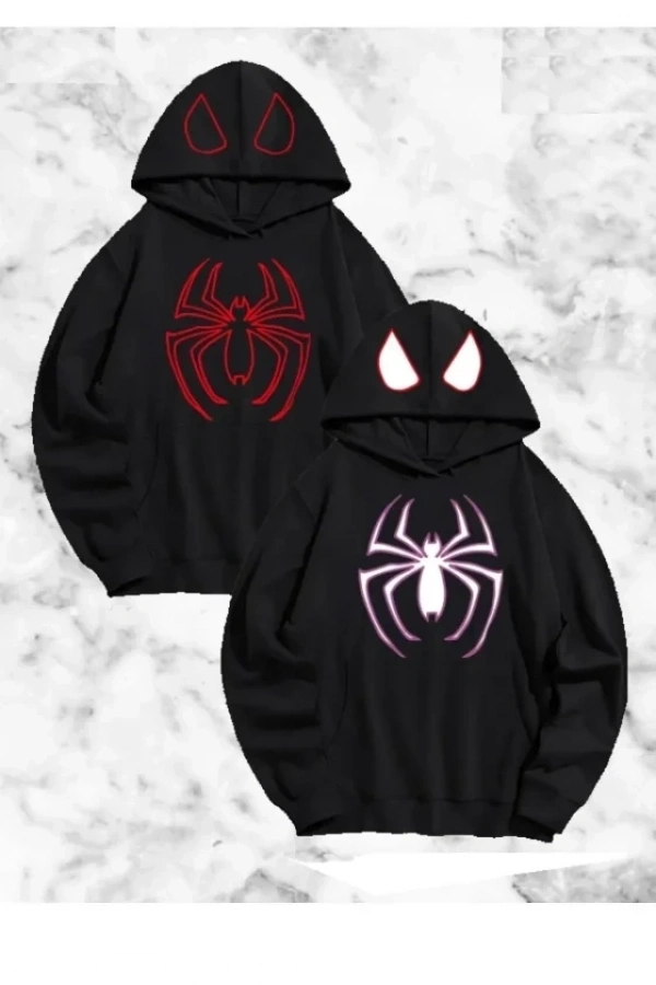 Bidebuvar Sevgili Çift Kombini Örümcek Baskılı Kapüşonlu Sweatshirt Hoodie - Siyah