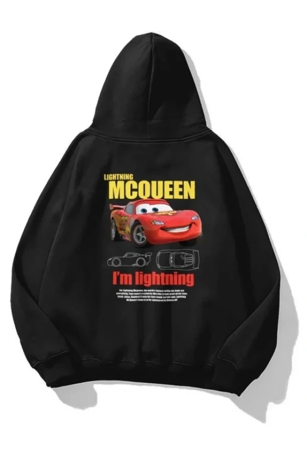 Bidebuvar Sevgililer Günü Araba Baskılı Oversize Kapüşonlu Sweatshirt Hoodie - Siyah