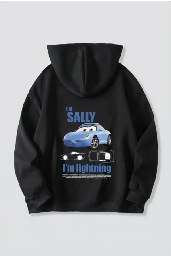 Bidebuvar Sevgililer Günü Araba Temalı Baskılı Oversize Kapüşonlu Sweatshirt Hoodie - Siyah