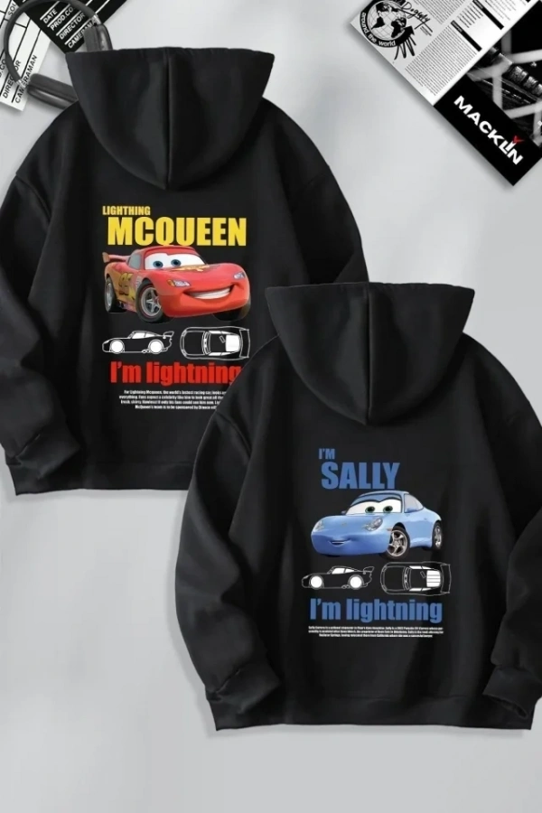 Bidebuvar Sevgililer Günü Araba Temalı Baskılı Oversize Kapüşonlu Sweatshirt Hoodie - Siyah
