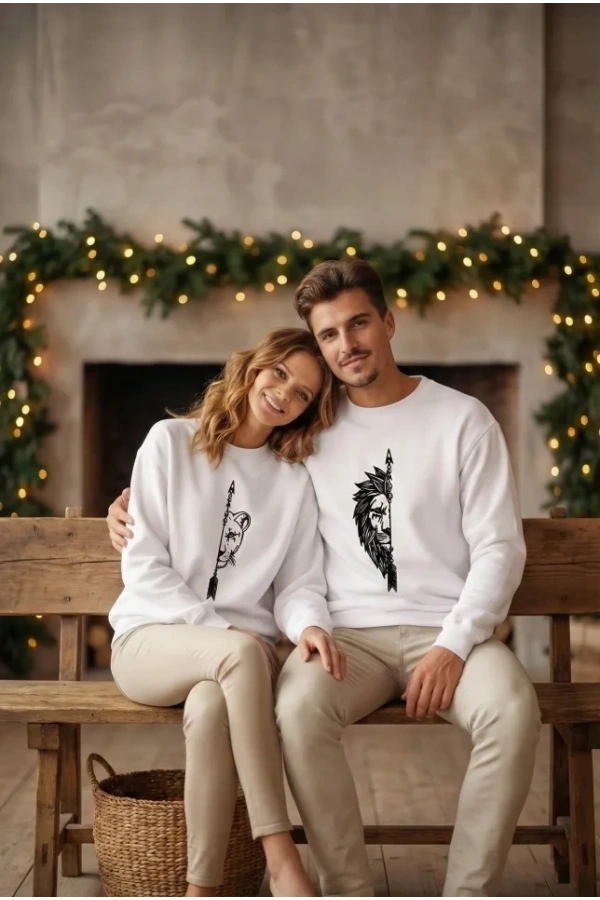 Bidebuvar Sevgililer Günü Özel Bisiklet Yaka Aslan Baskılı Oversize Sweatshirt - Beyaz