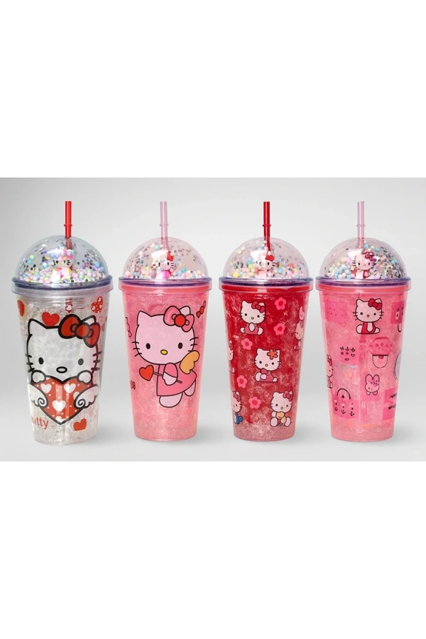 Bidebuvar Sevimli Hello Kitty Pipetli Işıklı Boncuklu Suluk Bardak 400 ml