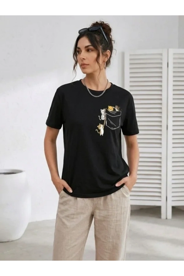 Bidebuvar Sevimli Kedi Cep Baskılı Tişört Kısa Kol Yazlık T-Shirt - Siyah