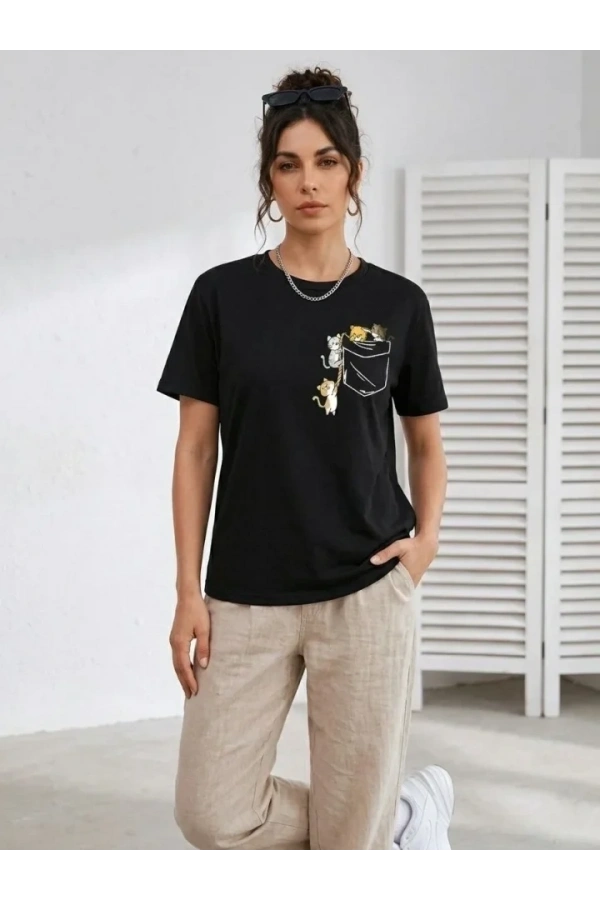 Bidebuvar Sevimli Kedi Cep Baskılı Tişört Kısa Kol Yazlık T-Shirt - Siyah