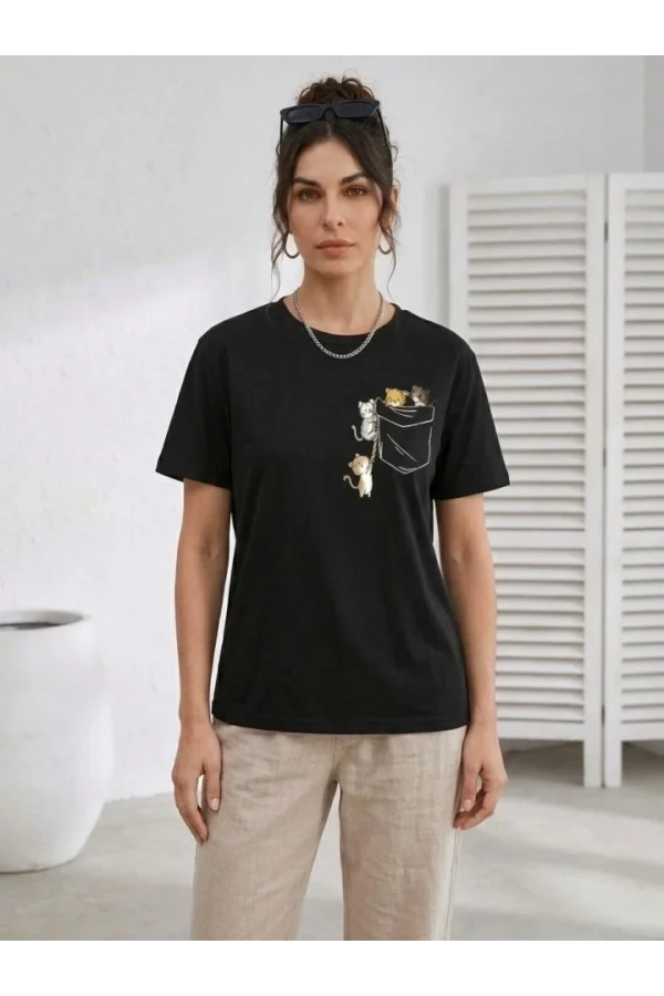 Bidebuvar Sevimli Kedi Cep Baskılı Tişört Kısa Kol Yazlık T-Shirt - Siyah