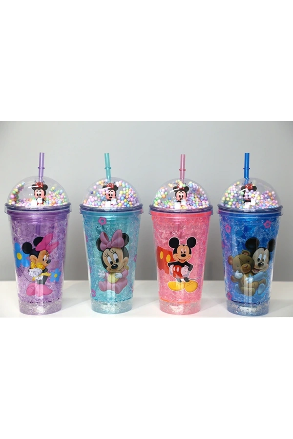 Bidebuvar Sevimli Mickey Mouse Pipetli Işıklı Boncuklu Suluk Bardak 400 ml