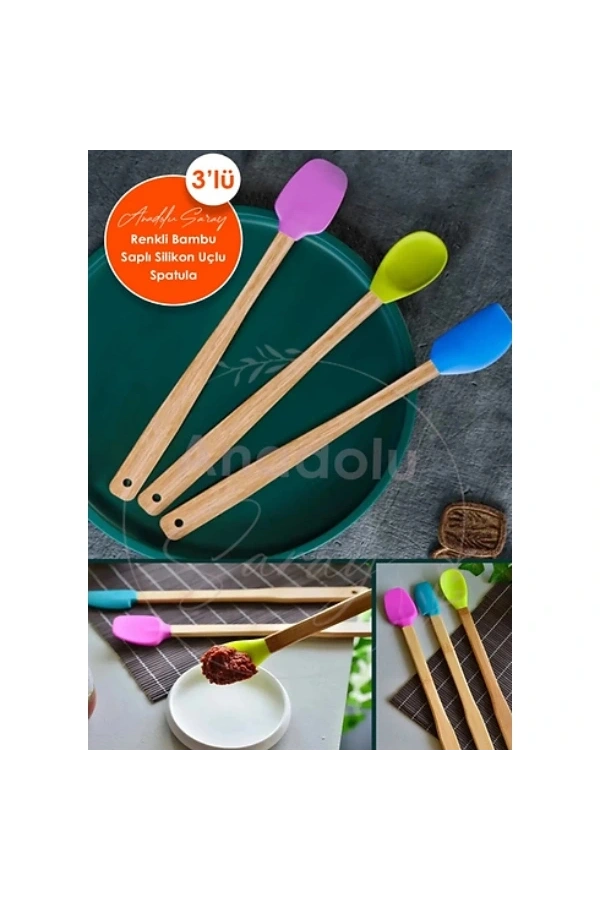 Bidebuvar Silikon Uçlu Isıya Dayanıklı Bambu Spatula 3lü Set