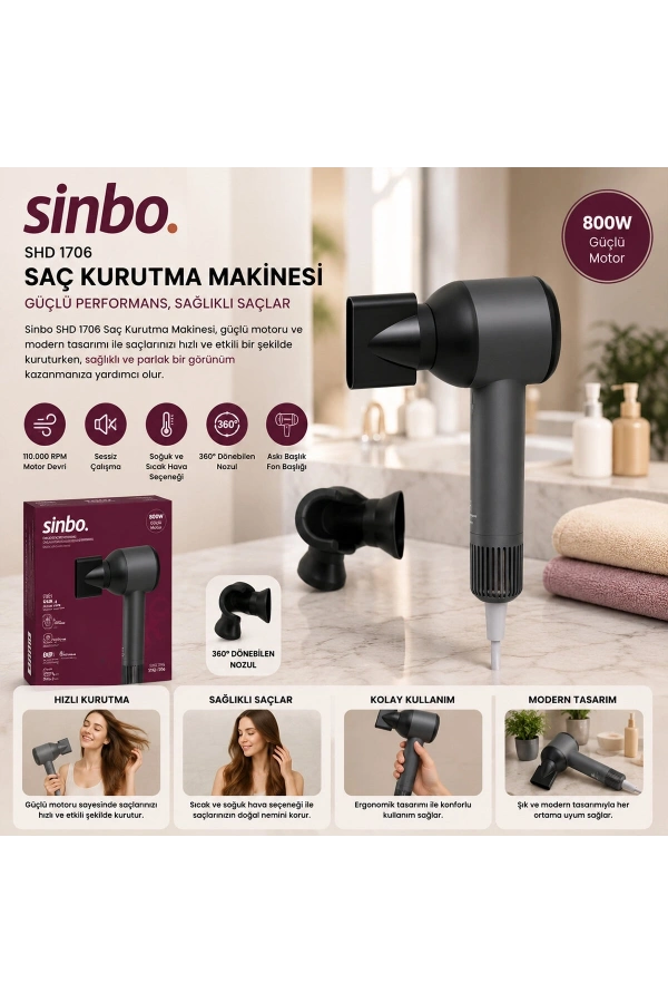 Bidebuvar Sinbo Saç Kurutma Makinesi - Gri Renk - Sessiz Çalışma Özelliği