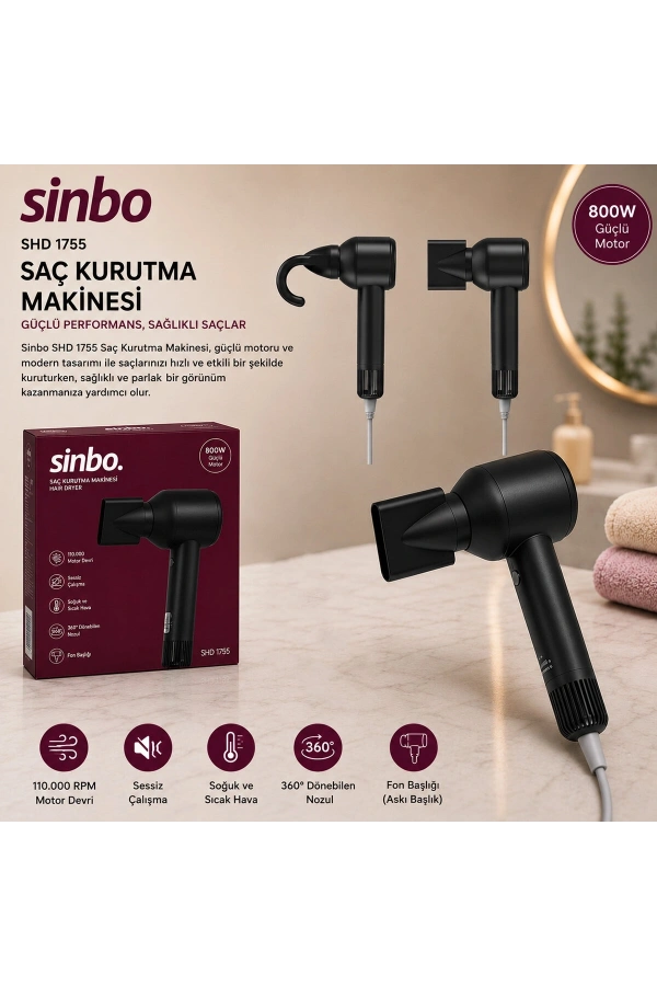 Bidebuvar Sinbo Saç Kurutma Makinesi - Siyah Renk - Sessiz Çalışma Özelliği