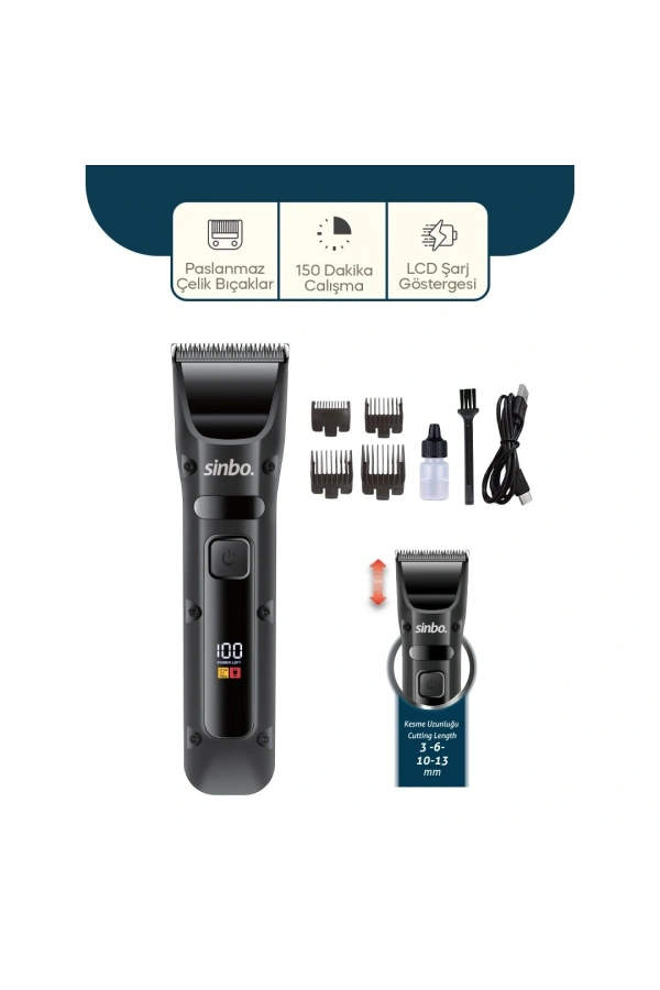 Bidebuvar Sinbo Saç Sakal Kesme Tıraş Makinesi - USB Şarjlı - LCD Göstergeli