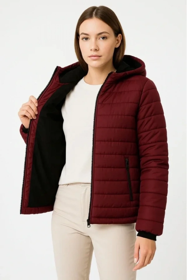 Bidebuvar Şişme Kapüşonlu Fermuarlı Mont Su Itici Kapitone Astarlı Kumaş Cepli Kışlık Rahat Kalıp - Bordo