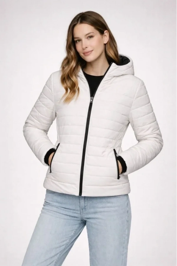 Bidebuvar Şişme Kapüşonlu Fermuarlı Mont Su Itici Kapitone Astarlı Kumaş Cepli Kışlık Rahat Kalıp - Krem