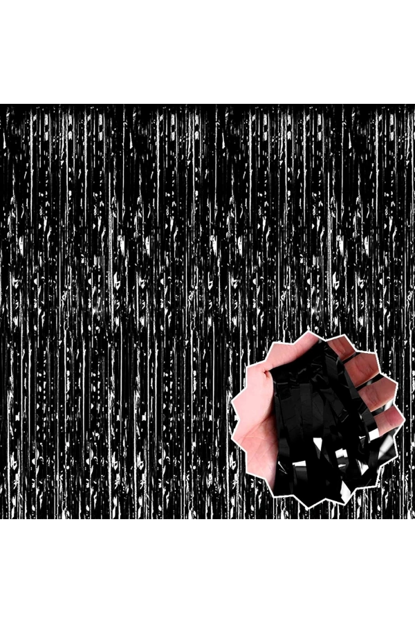 Bidebuvar Siyah Ekstra Metalize Parlak Saçaklı Arka Fon Perde