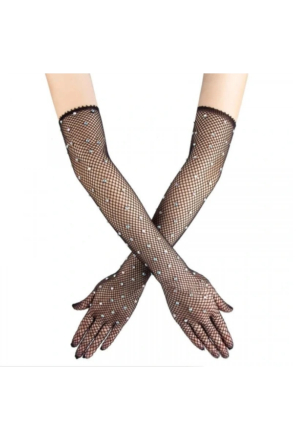 Bidebuvar Siyah İncili Elmas File Örgü Uzun Eldiven