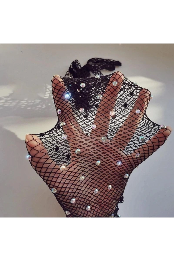 Bidebuvar Siyah İncili Elmas File Örgü Uzun Eldiven