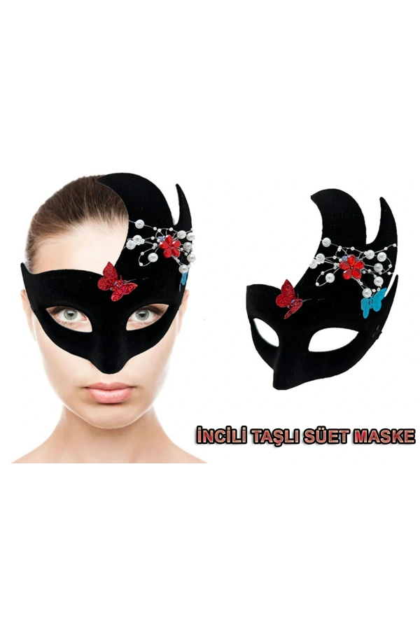 Bidebuvar Siyah İncili Taşlı Süet Venedik Parti Maskesi