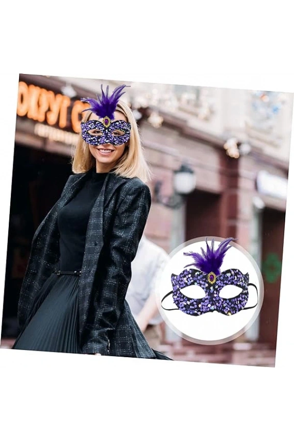 Bidebuvar Siyah Kadife Payetli Pullu Mor Tüylü Parti Maskesi