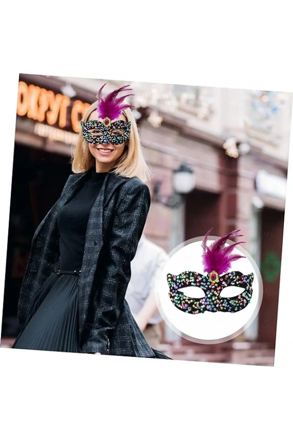 Bidebuvar Siyah Kadife Rengarenk Payetli Pembe Parti Maskesi
